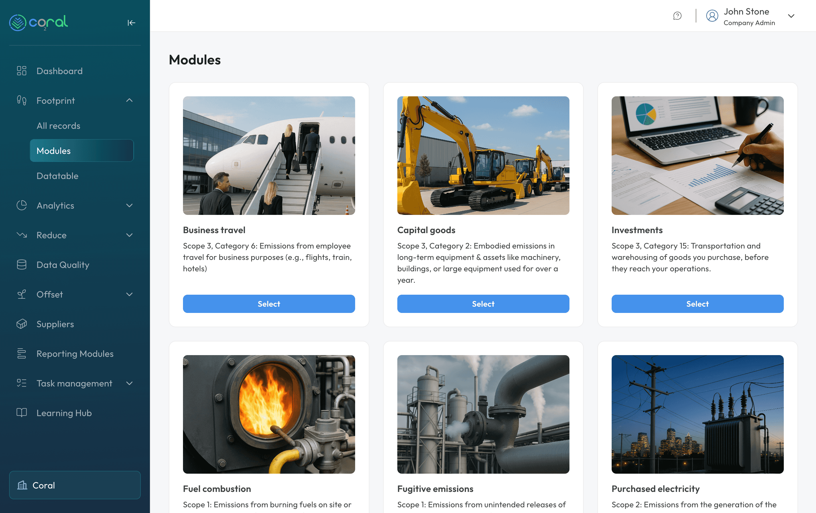 Coral ESG رپورٹنگ پلیٹ فارم کا ڈیش بورڈ جس میں ماحولیاتی، سماجی، اور گورننس میٹرکس دکھائے گئے ہیں