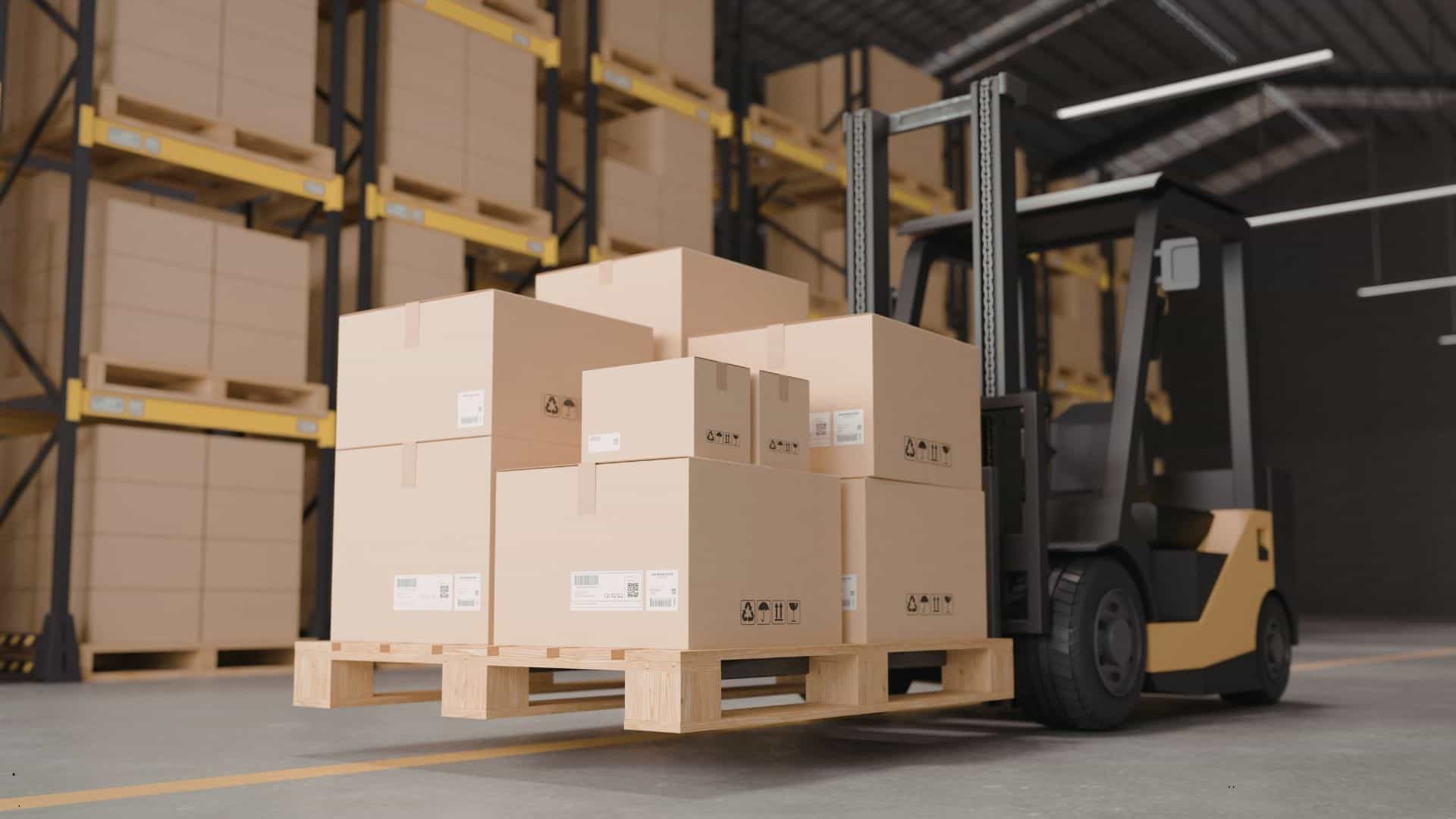 Forklift carrying a pallet of labeled cardboard boxes inside a modern warehouse, representing e-commerce fulfillment, goods movement, and logistics operations.