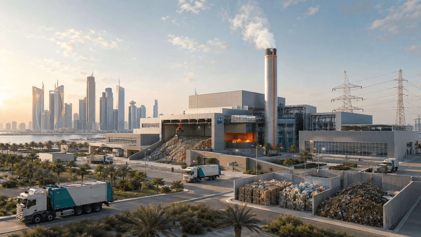 Modern waste-to-energy facility in a Gulf city, with waste trucks, sorted rubbish, power lines, and a skyline in the background.