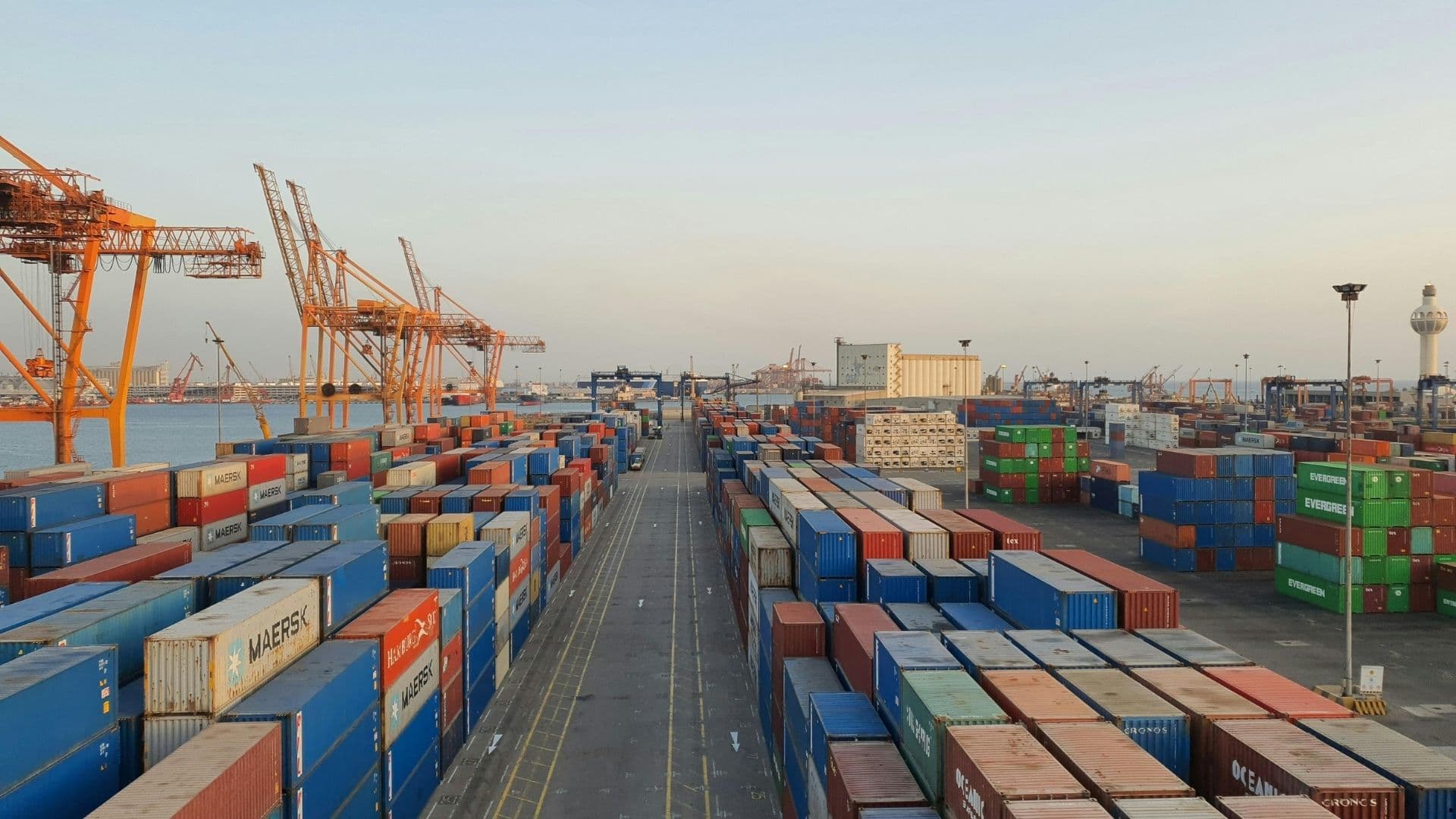 Container terminal with stacked shipping containers and gantry cranes at a Gulf port.
