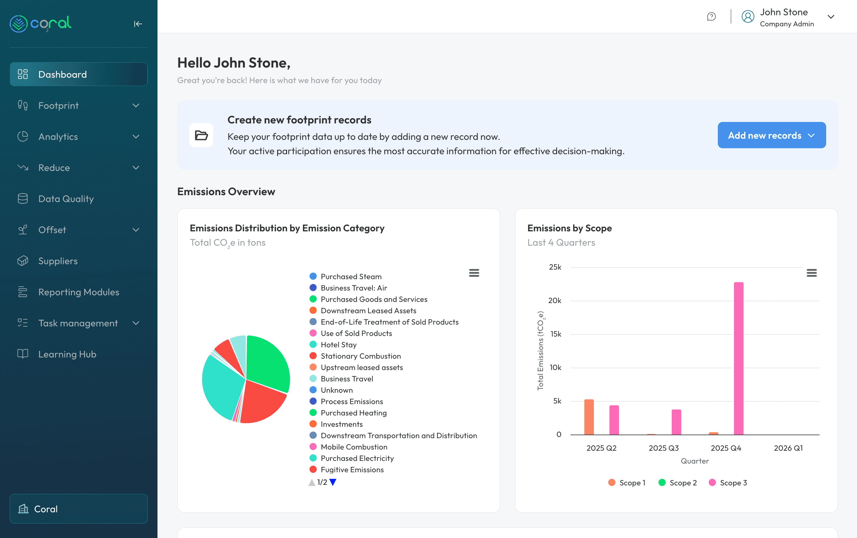 Coral ESG Reporting Platform dashboard with Environmental, Social, and Governance metrics