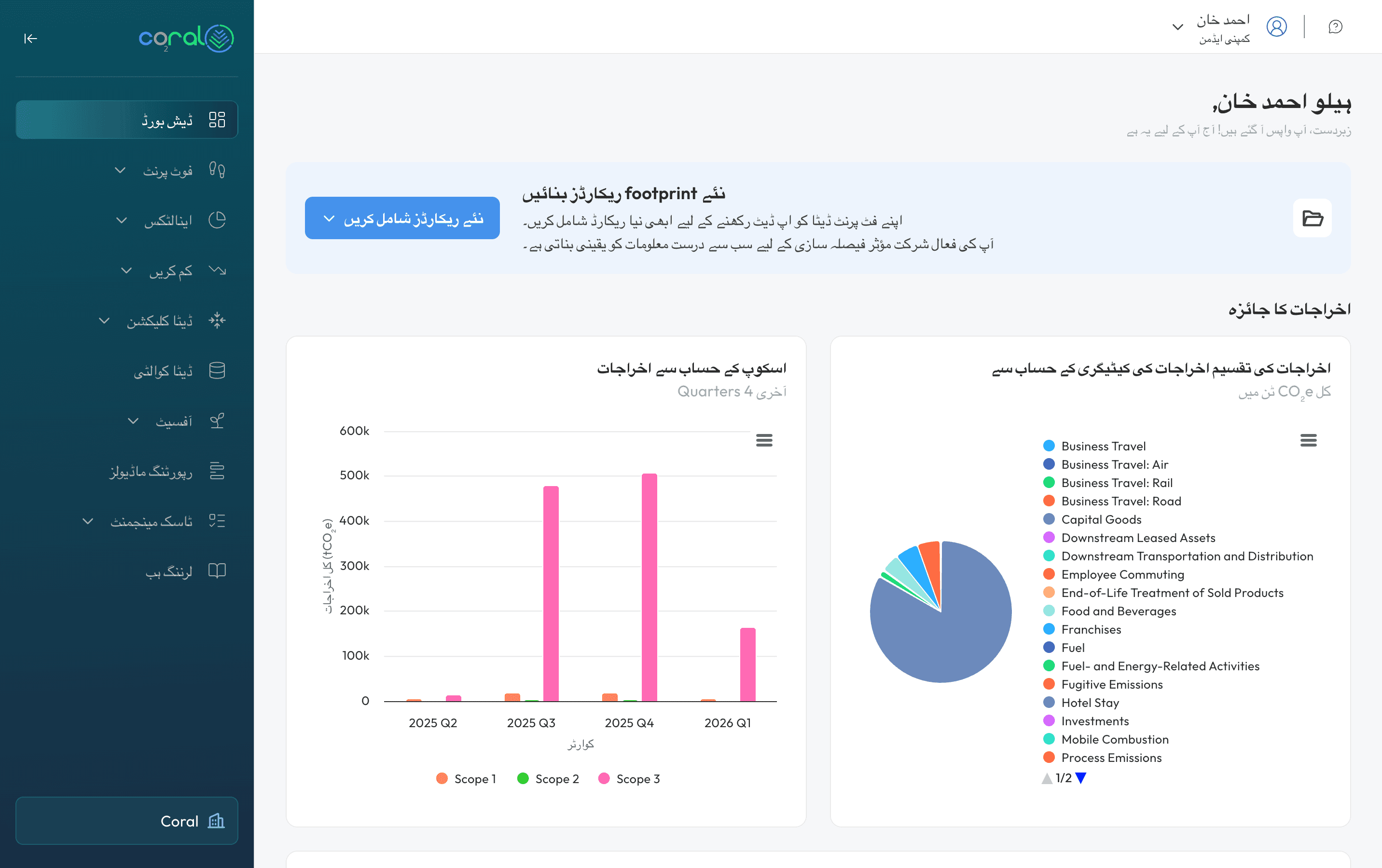 Coral ایمیشنز مینجمنٹ پلیٹ فارم کا ڈیش بورڈ، جس میں کاربن فُٹ پرنٹ کا خلاصہ دکھایا گیا ہے