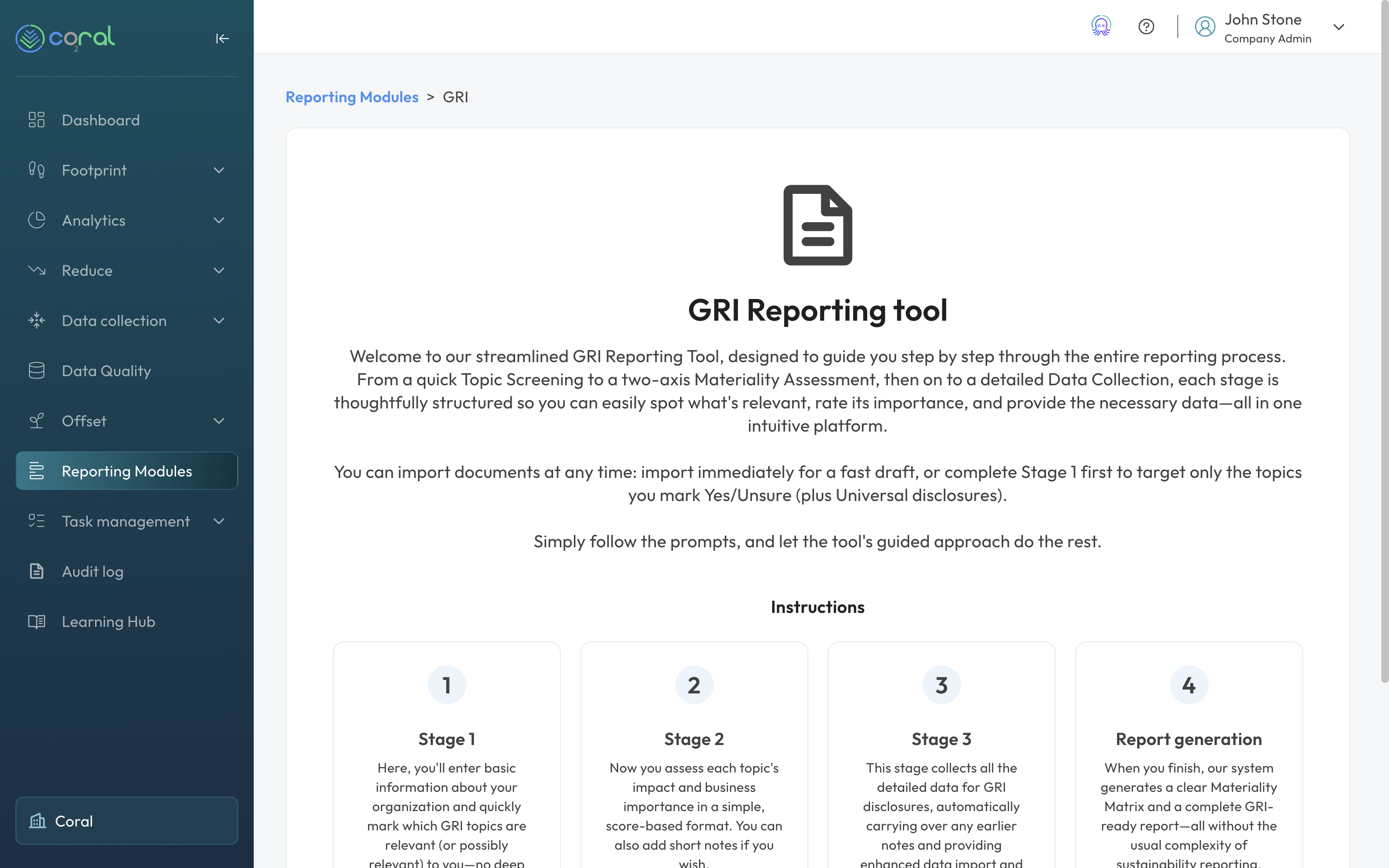 Coral platform screen: Generate ESG reports