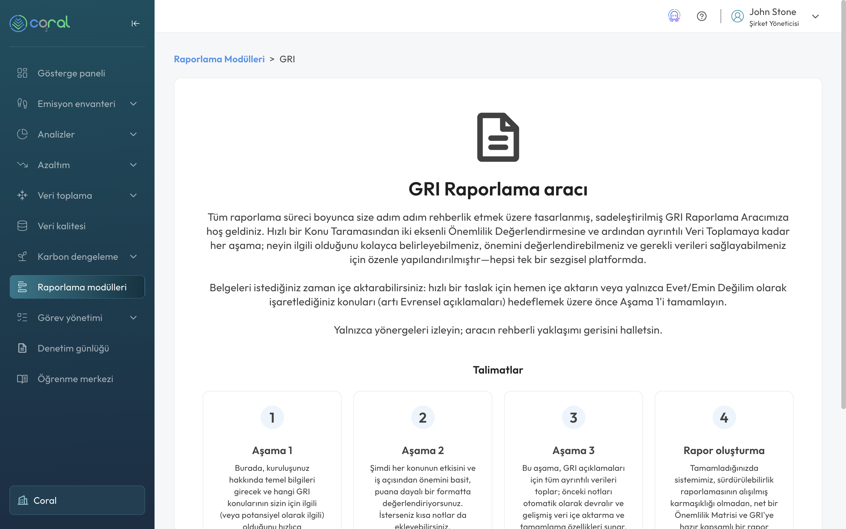 Coral platform ekranı: ESG raporları oluşturun