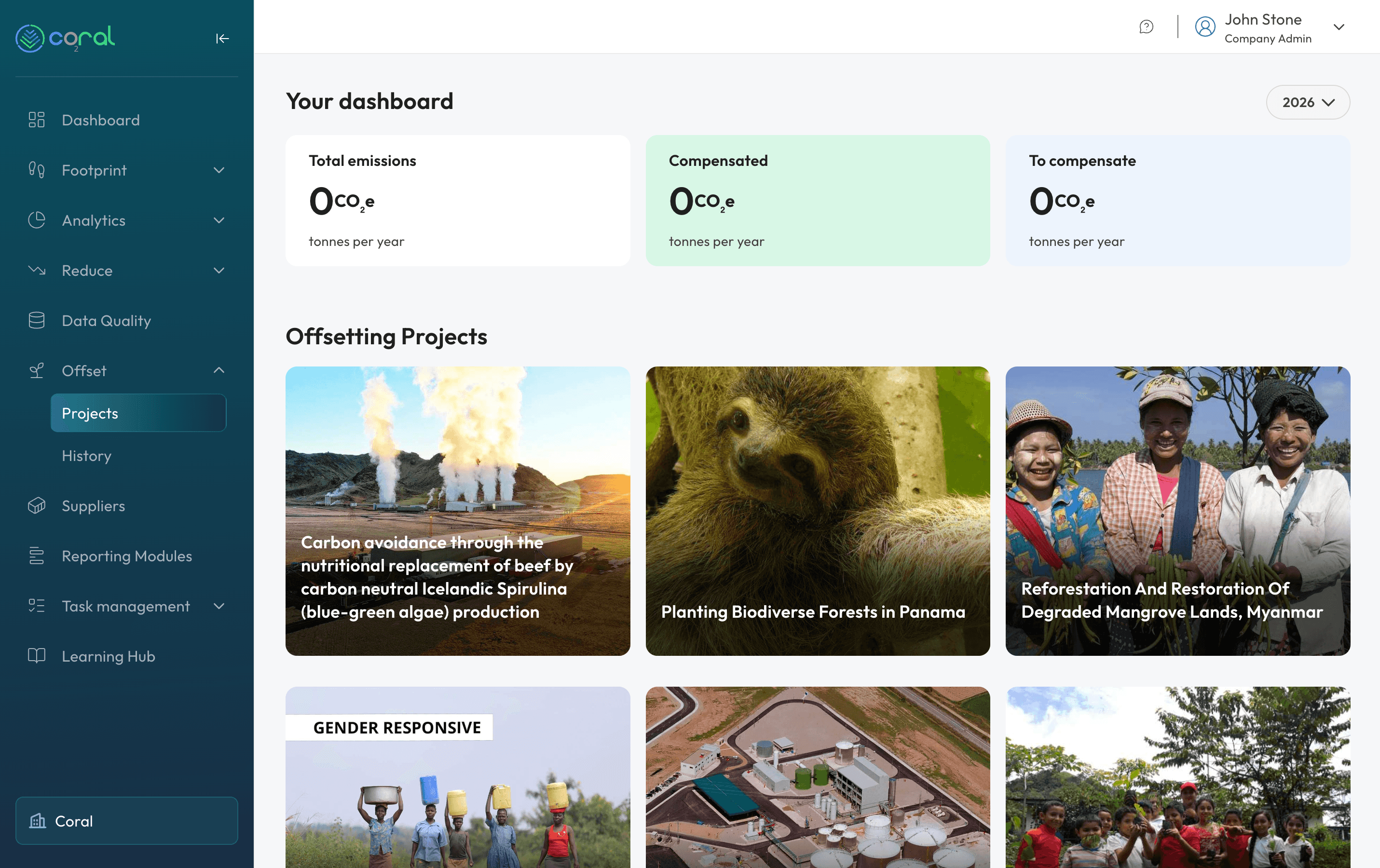Coral Carbon Offset Marketplace interface displaying verified project options