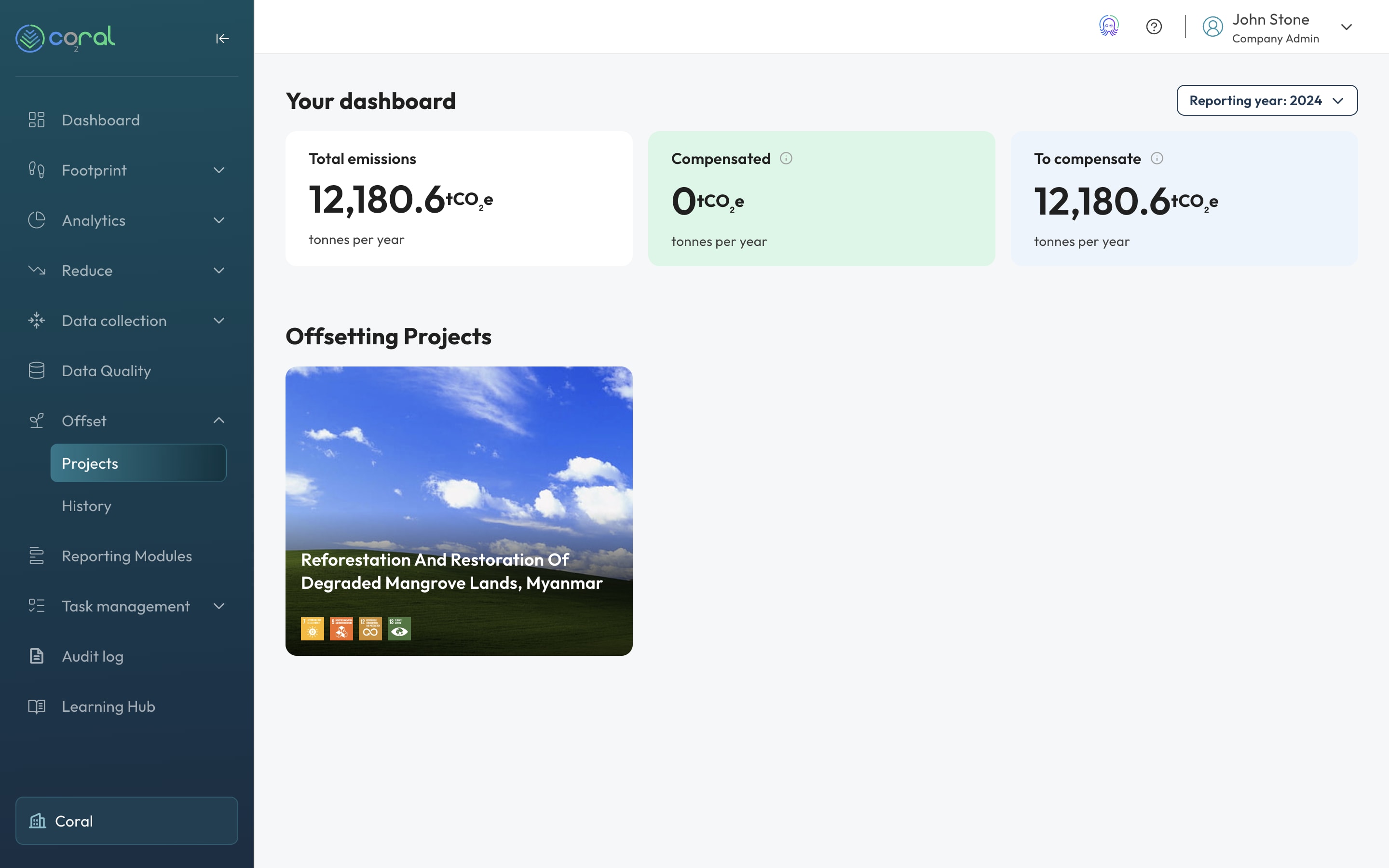 Coral Carbon Offset Marketplace interface displaying verified project options