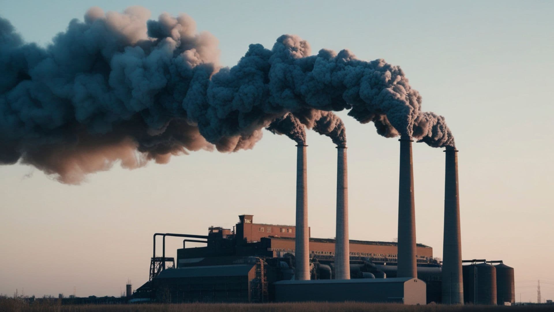 Industrial facility with four tall smokestacks releasing thick dark smoke into the sky.