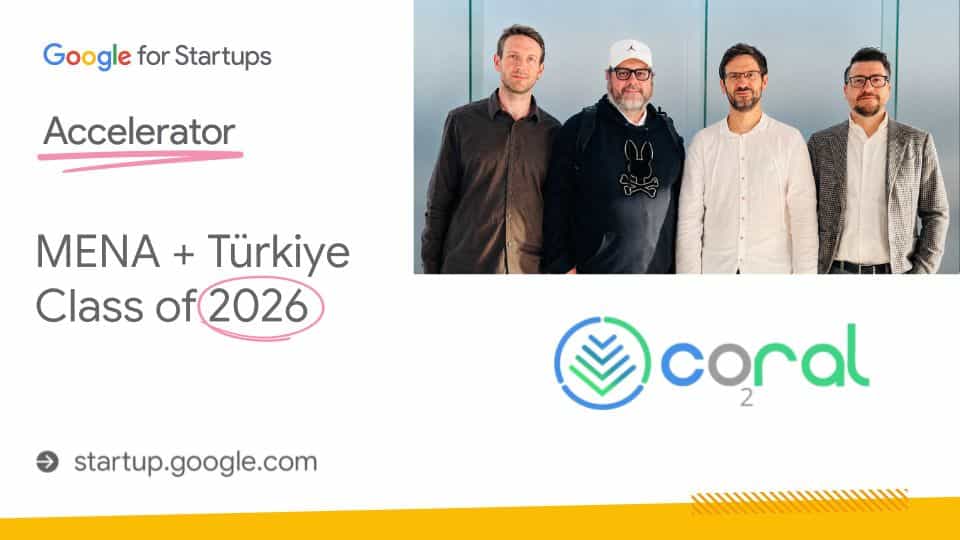 Google for Startups Accelerator MENA + Türkiye Class of 2026 announcement graphic featuring Coral’s team photo and Coral logo.